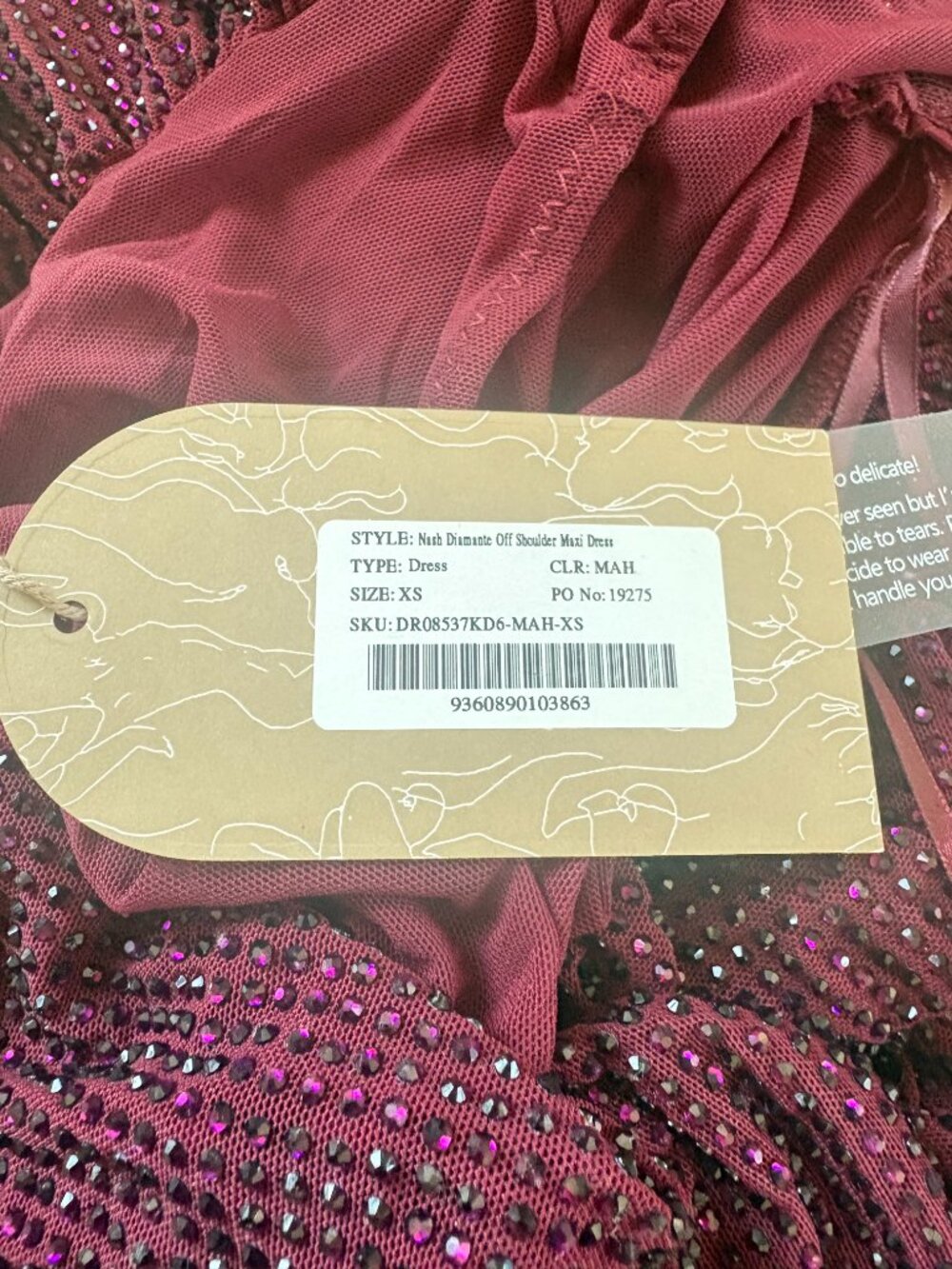 NWT Meshki Nash Diamante Off Shoulder Maxi Dress Mahogany XS - Picture 3 of 6